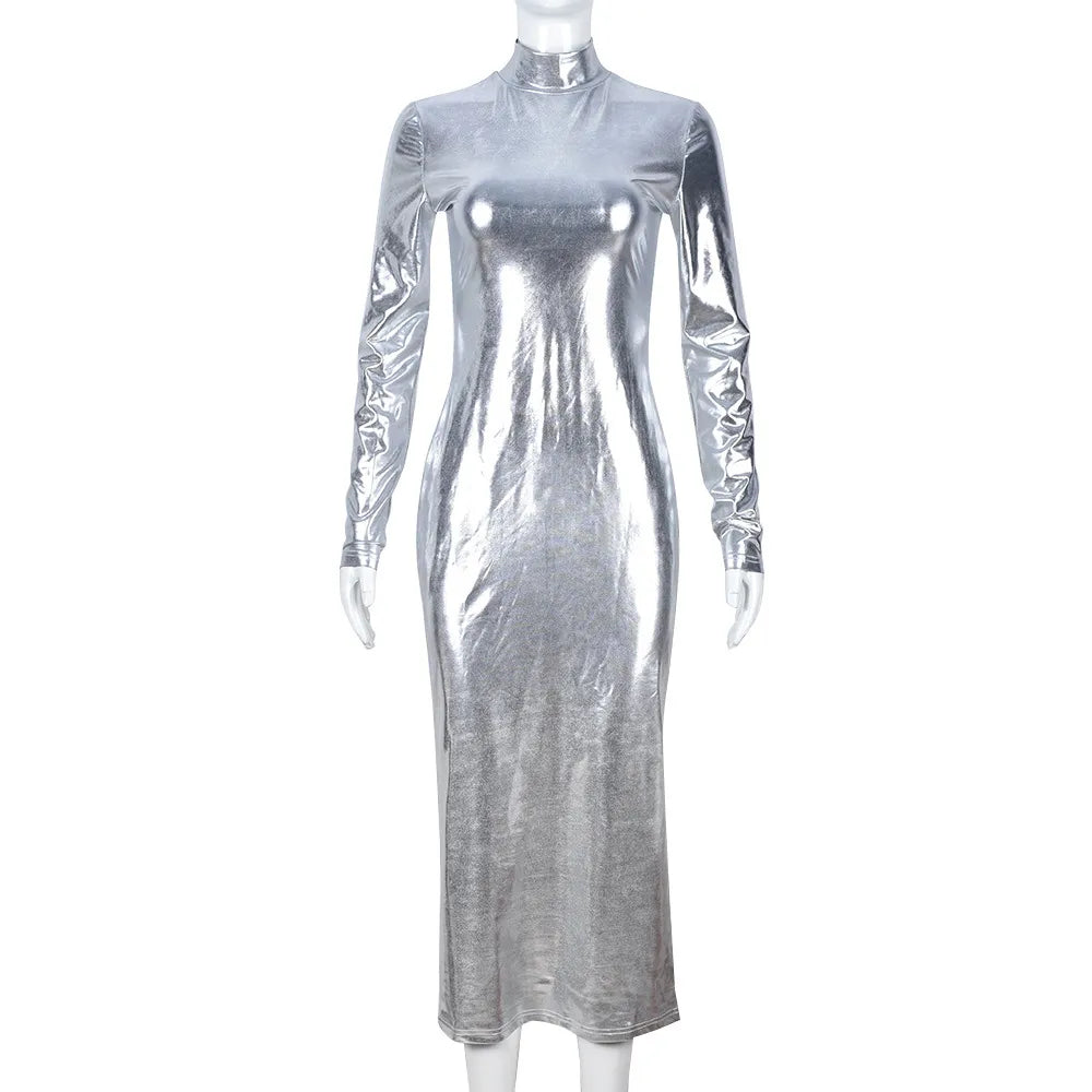 Vestido de fiesta de manga larga de cuero brillante reflectante con cremallera plateada para mujer 2023 nuevo Y2K vestido largo ceñido al cuerpo Sexy para discoteca