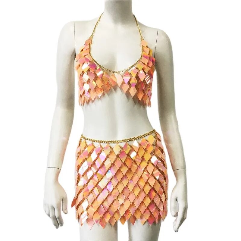 Trajes de señora con lentejuelas rombic, camisola con cuello en V y Espalda descubierta, camisetas sin mangas caladas sexis, minifalda, conjunto de 2 uds de cadena para el cuerpo para fiesta Rave