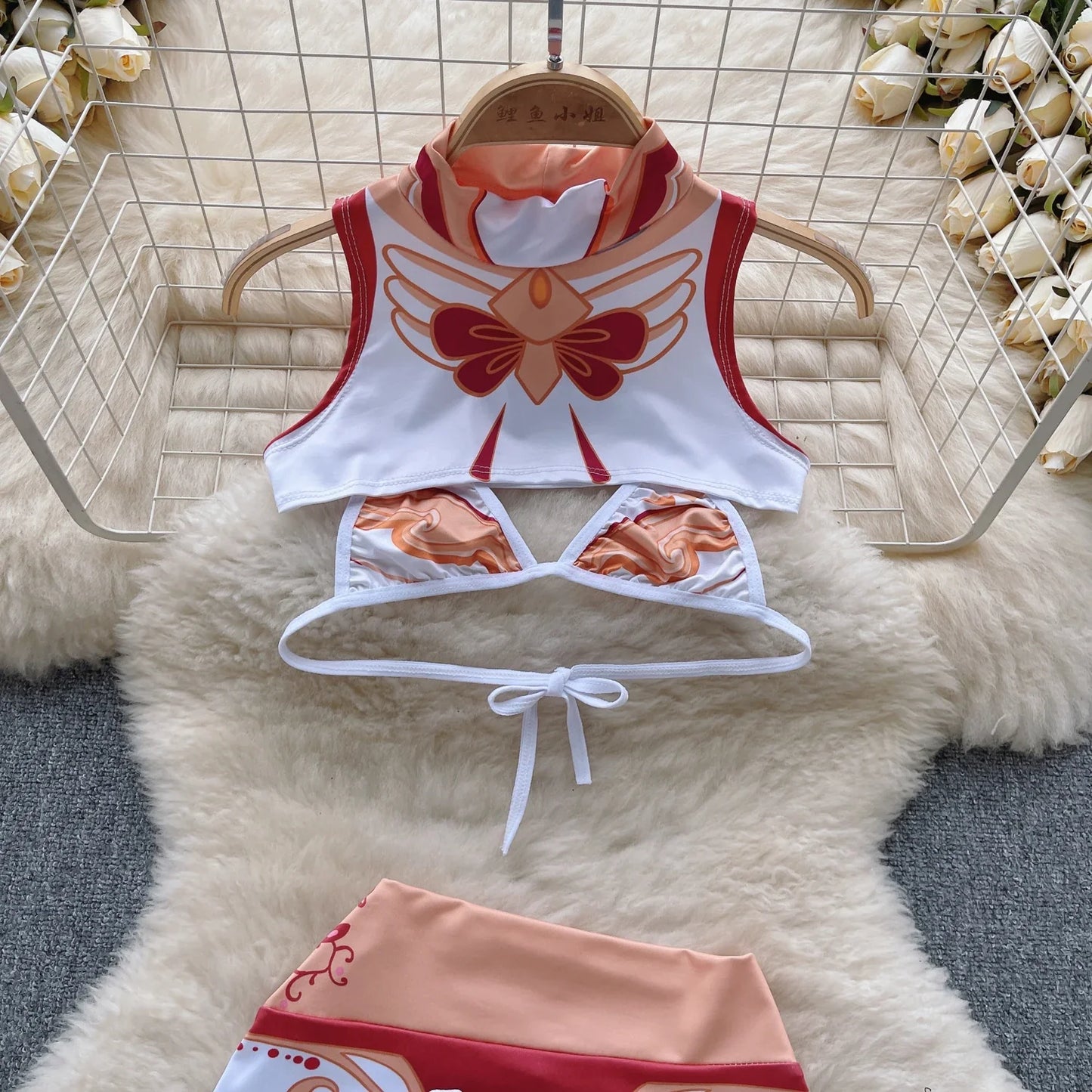 Cosplay Sexy Suits 2023 Sleeveless Mini Top+Short Slim Skirt+Thongs Sheath Print Bikini Sweet  Three Pieces Sets Wanita