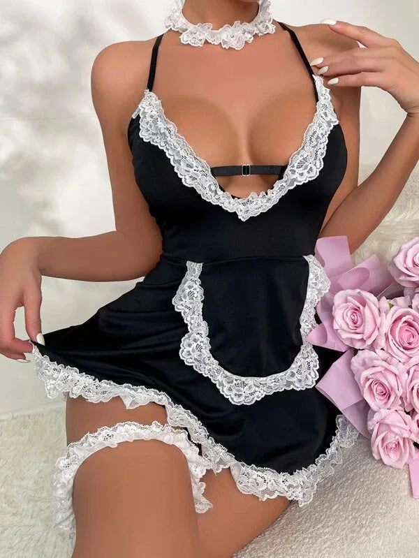 Wanita – vêtements de nuit pour femmes, Mini robe à volants doux + tongs, servante Cosplay, dentelle, Sexy, 2023