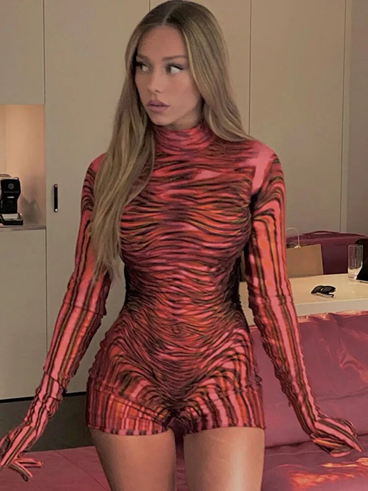 Sibybo – ensemble body et gants à motif 3D pour Femme, Ensemble 2 pièces, Combinaison pour boîte de nuit, fermeture éclair, Slim, Sexy, Y2k, automne 2022