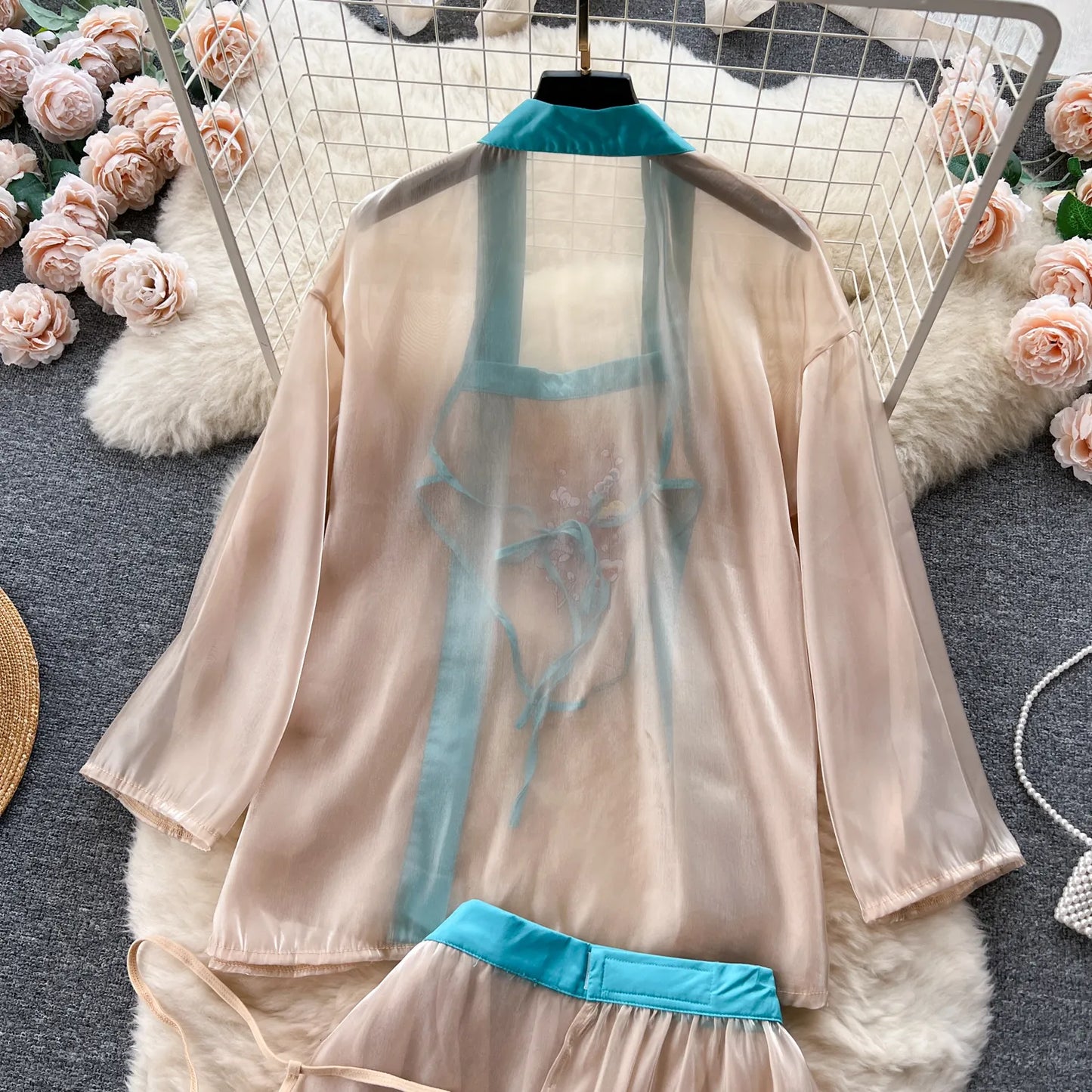 Wanita – costume de nuit brodé Vintage pour femme, Camis ample à fleurs + Mini jupe + tongs, Style chinois, Cosplay, vêtements de nuit transparents