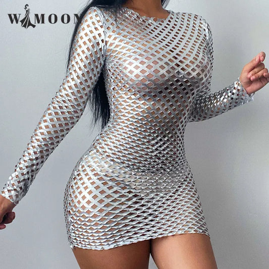 Otoño Sexy ceñido al cuerpo ahueca hacia fuera el vestido de plata de malla de diamante Club de manga larga Mini vestido de fiesta lápiz para las mujeres