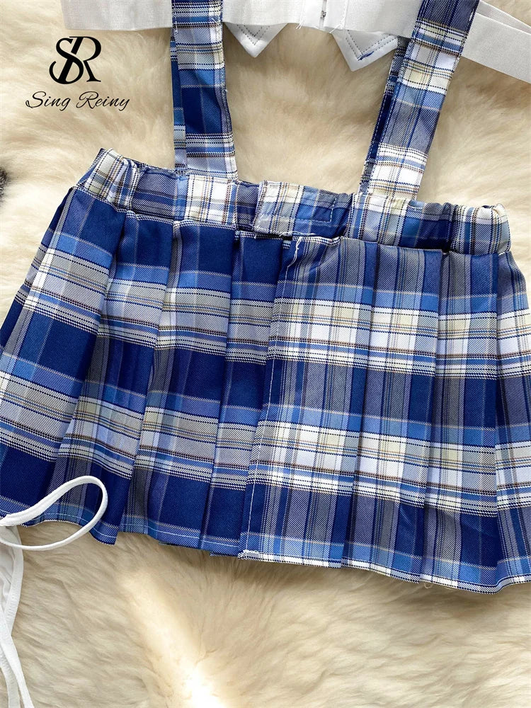 Preppy Style Cosply  Outfit Women Plaid Hollow Out Slim Sexy Nightdress Backless Pleated Hotsweet  Nightwear Wanita