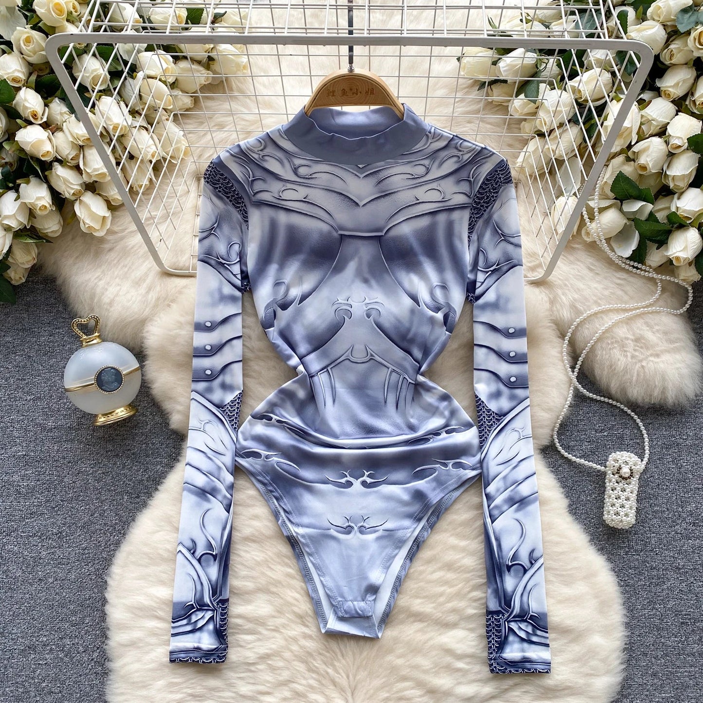 Sensual Hotsweet Print Playsuits Women Half High Collar Long Sleeved Slim Streetwear 2023 Fashion Sexy Slim Bodysuits Wanita