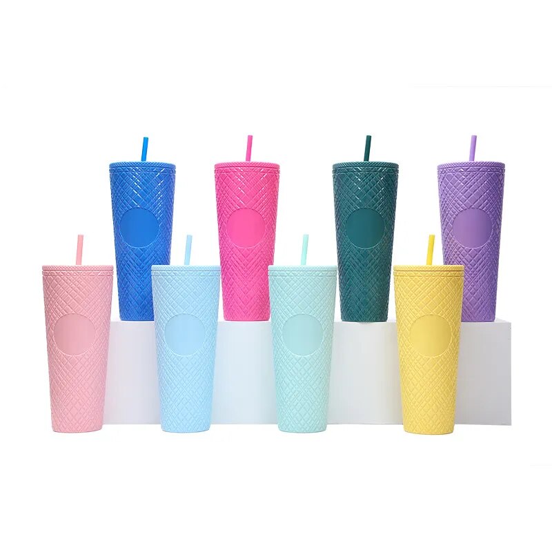 710ML Diamond Radiant coffee cup With Lid and Straw Water Mug Tumbler Cup Double Layer Plastic Coffee Mug Large Capacity