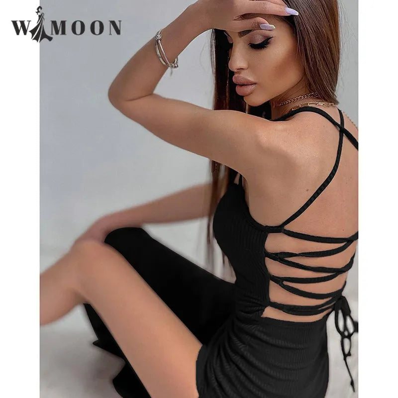 Sexy Black Long Bodycon High Split Dress Women Summer Sleeveless Blackless Halter Spaghetti Strap Dresses  Club Vestidos