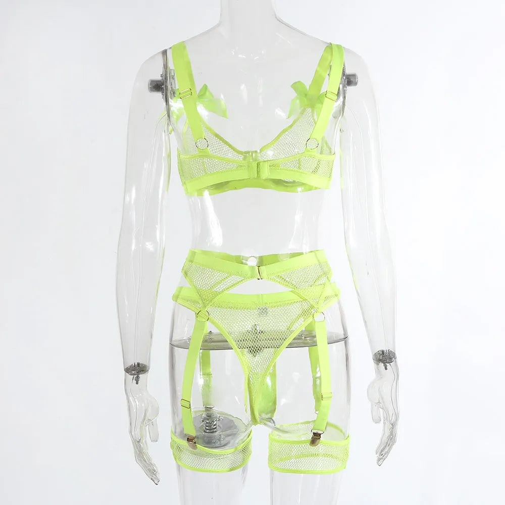 Lingerie Sexy néon avec chaussettes, sous-vêtements transparents en dentelle avec nœud papillon, maille transparente, ensembles transparents, 5 pièces