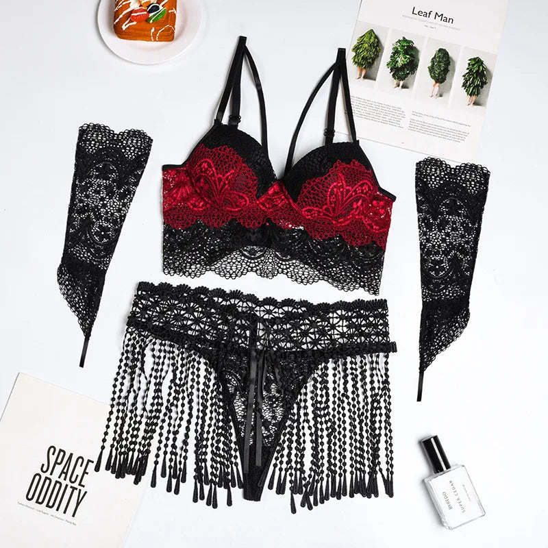 Wanita – ensemble de Lingerie en dentelle, vêtements de nuit avec pompons, bretelles, soutien-gorge et tongs, tenue féminine, ajouré, ensemble de sous-vêtements Sexy, 2023