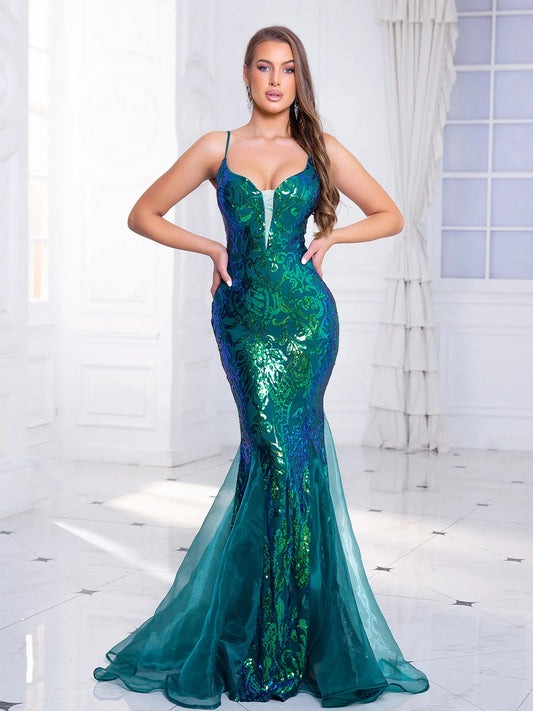 Romagic Deep V Neck Sleeveless Green Cocktail Prom Dress Luxury Spaghetti Strap Sequin Evening Party Gown Women Maxi Dresses