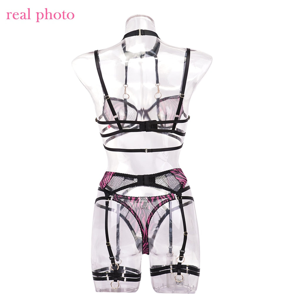 Lencería de cebra, ropa interior de encaje elegante, sujetador transparente con cuello Halter, trajes sexys íntimos delicados de lujo, ligas, conjuntos breves