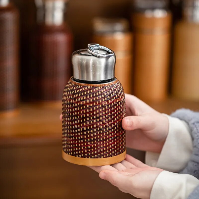 Vintage bamboo woven portable stainless steel thermos cup Hot kettle Outdoor travel water bottle hand as a hot water bottle gift