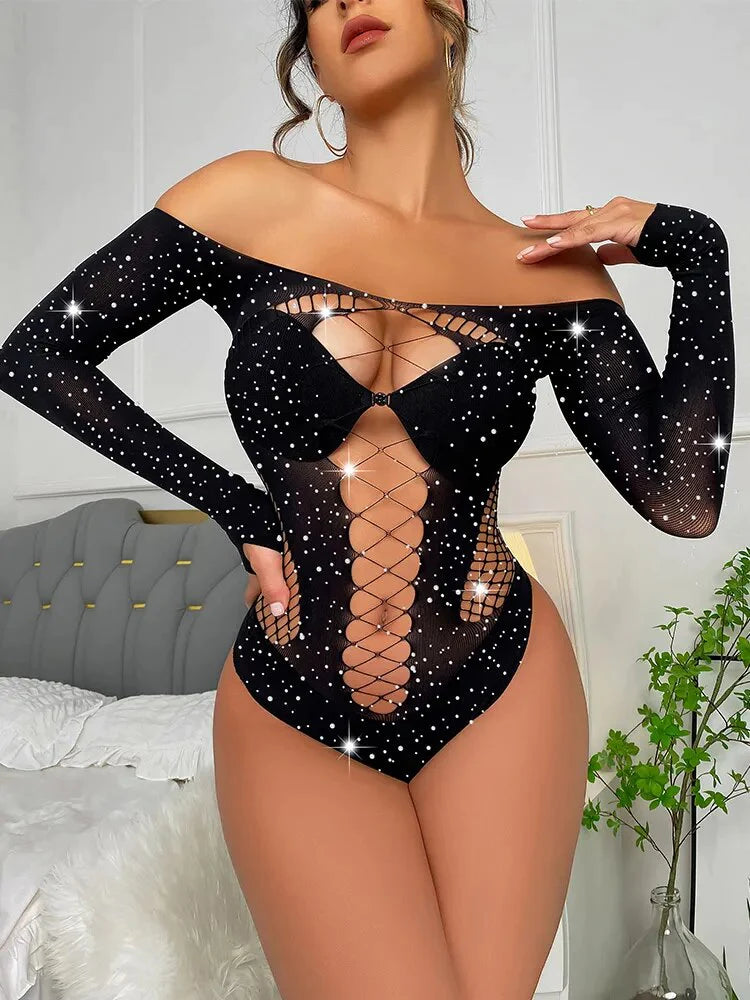 Women Sexy Body Stocking Fishnet Underwear Rhinestone Dress Bodystocking Sexy Lingerie  Babydoll  Costumes