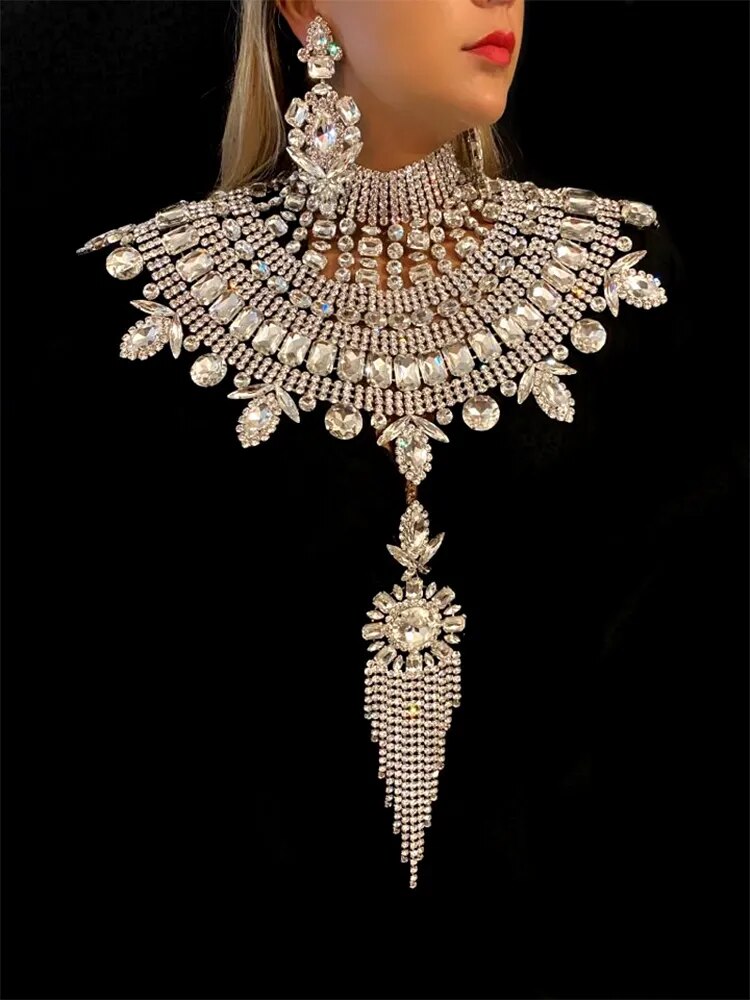 CUIER Super Gorgeous Glass Strass Necklace Crystal SS28 Drag Queen Huge Jewelry for Men Women Tassel Pendant Body Chain Tops