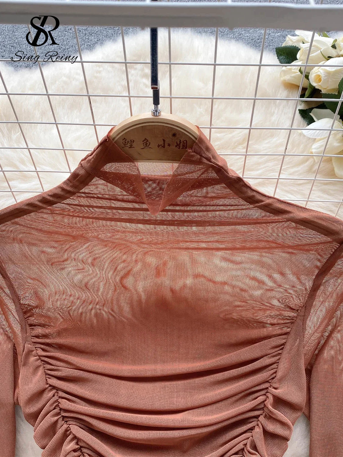 Body Sexy de malla fruncida transparente para mujer, mono ajustado de manga larga con cuello medio alto, ropa de calle 2023, mono ajustado con entrepierna abierta para mujer Wanita