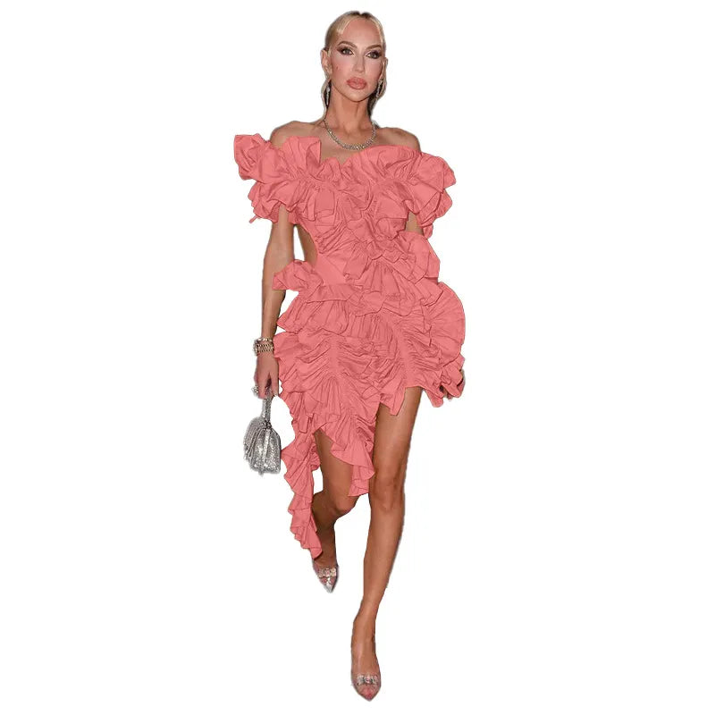 Women Edible Tree Fungus Tierred High Low Asymmetrical Ball Gown Dress 2023 Sexy Club Party Evening High Street Dresses