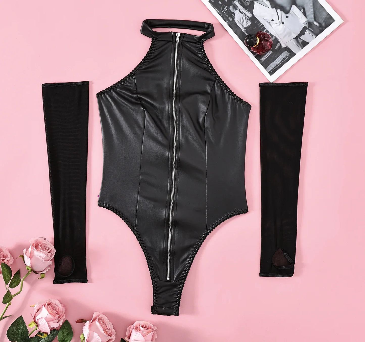 Wanita Latex Women's Bodysuit With Sleeves Fantasy Rubber Zip Tops Sissy Night Club Baddie Outfit Silicone Female Bodysuit