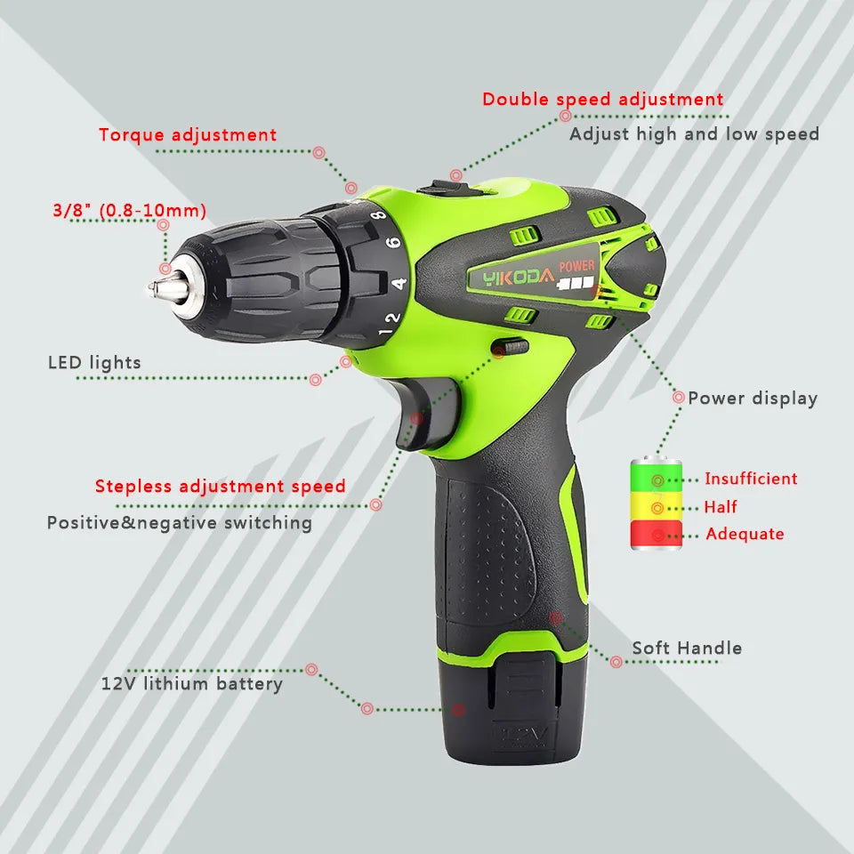 YIKODA 12V 16.8V 21V Cordless Drill Electric Screwdriver Rechargeable Lithium-Ion Battery Two-Speed DIY Driver Power Tools