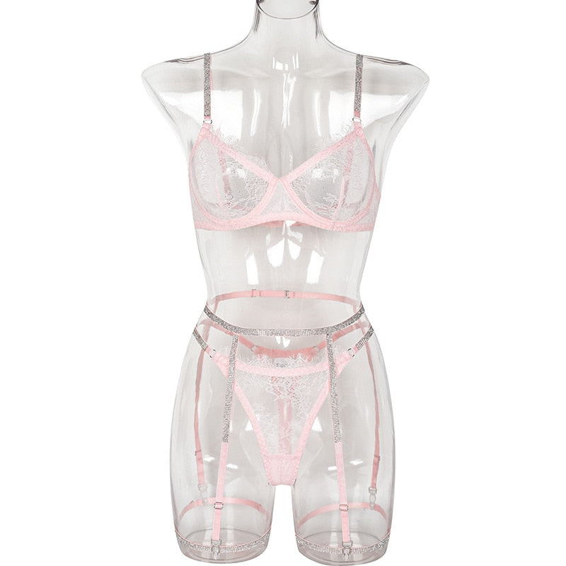 Conjunto de sujetador sin costuras de encaje transparente, lencería con diamantes de imitación, ropa interior Push Up Sissy, conjuntos de lujo íntimos transparentes