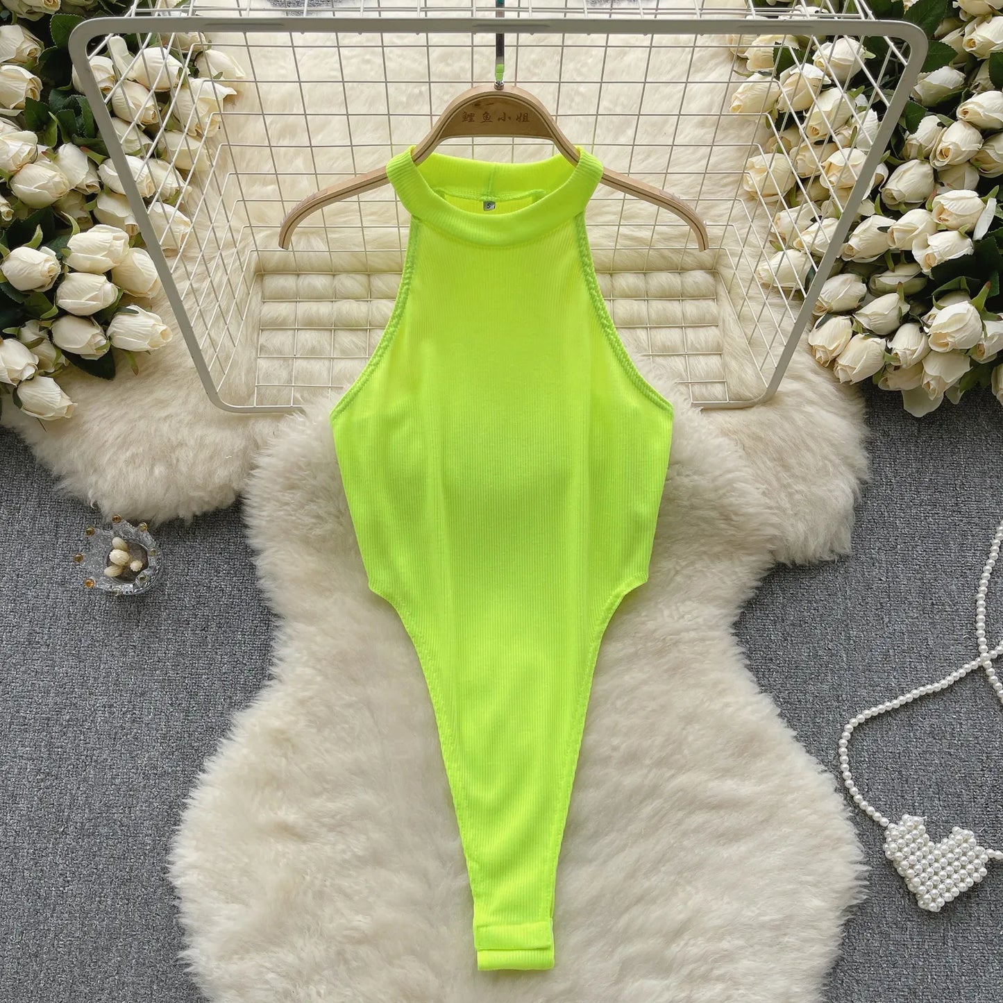 Wanita Halter Open Crotch Sexy Bodysuits Female Sleeveless Slim Backless  Bikini French Solid Thin Slim Beach Playsuits