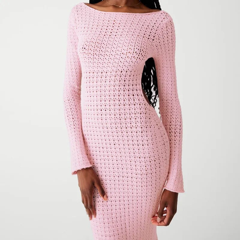 Sexy Backless Knitted Maxi Dress Long Sleeve Hollow Out Crochet Beach Dress See Through Long Bodycon Dress Pink