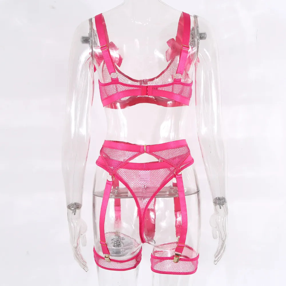 Lingerie Sexy néon avec chaussettes, sous-vêtements transparents en dentelle avec nœud papillon, maille transparente, ensembles transparents, 5 pièces