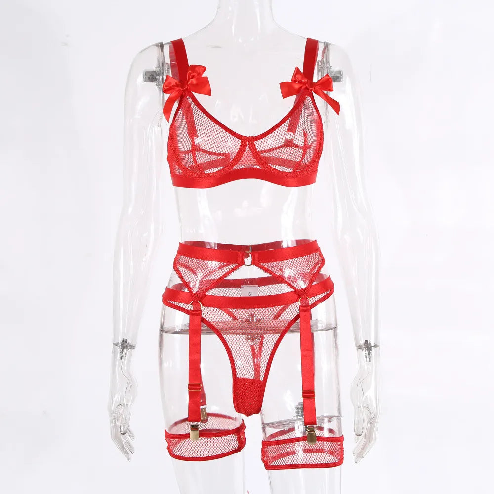 Lingerie Sexy néon avec chaussettes, sous-vêtements transparents en dentelle avec nœud papillon, maille transparente, ensembles transparents, 5 pièces