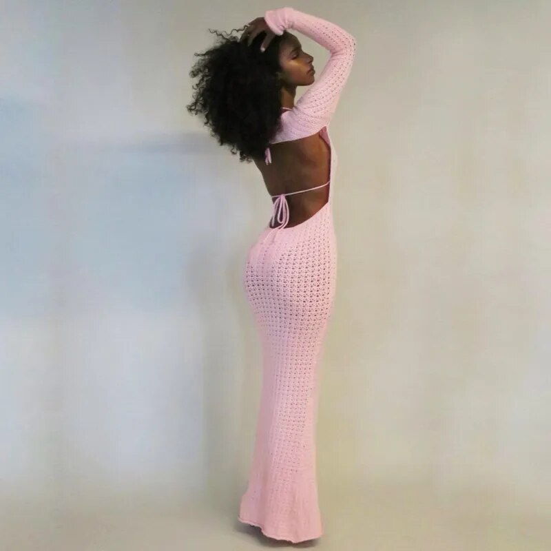 Sexy Backless Knitted Maxi Dress Long Sleeve Hollow Out Crochet Beach Dress See Through Long Bodycon Dress Pink