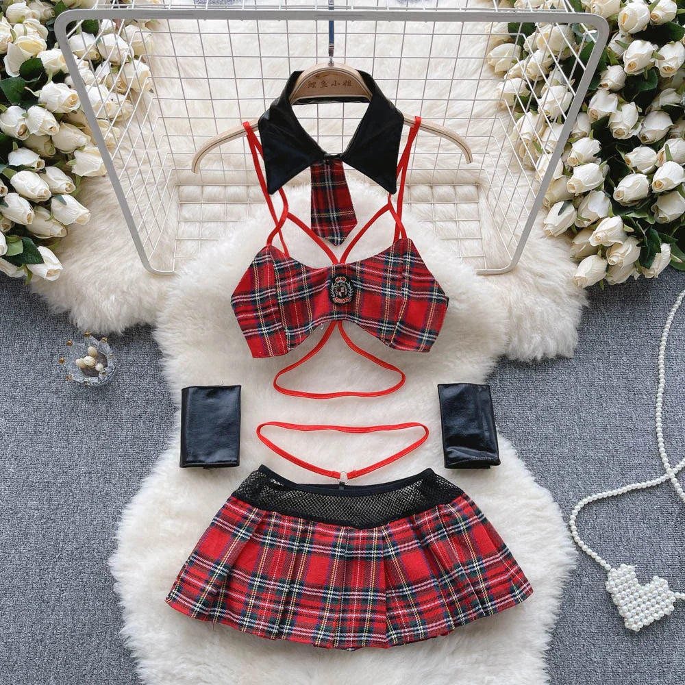 Conjunto de dos piezas de ropa de dormir a cuadros para mujer, Mini camisola con espalda descubierta + Falda corta, ropa interior Sexy de Cosplay Preppy, trajes Wanita