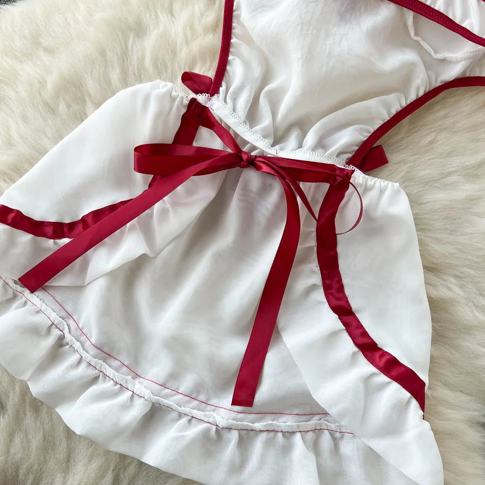 Wanita Cosplay Maid Uniform Sexy Nightdress Halter Backless Hollow Out Bow Mini Dress+Thongs   Mini Nightwear suits