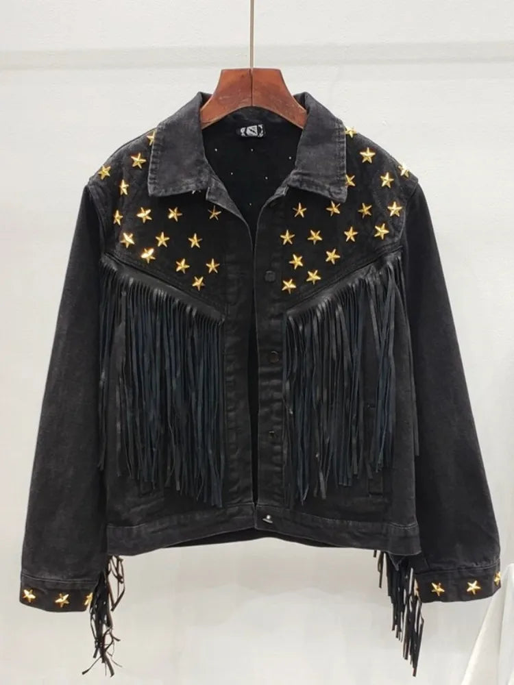 Denim Women Jacket 2023 Autumn New Spring Vintage Star Rivet Suede Fringe Loose Coat Long Sleeve Outerwear Female Boho Jacket