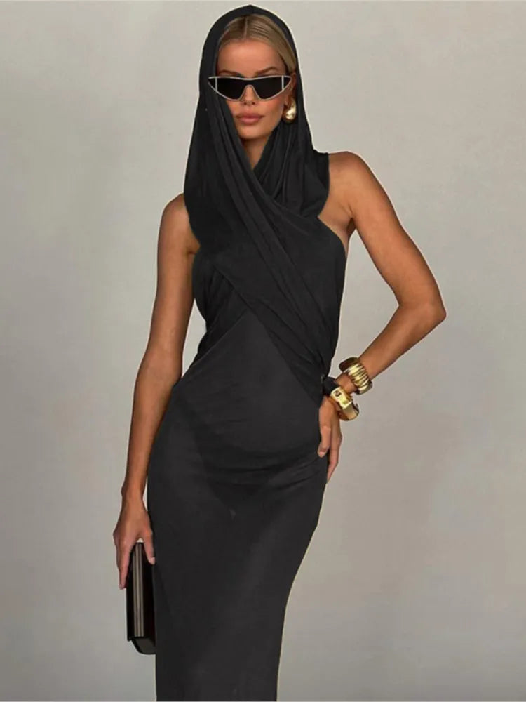 Robe longue à capuche croisée pour femmes, sans manches, dos nu, slim, élégante, soirée, Club, couleur unie, moulante, été, 2023