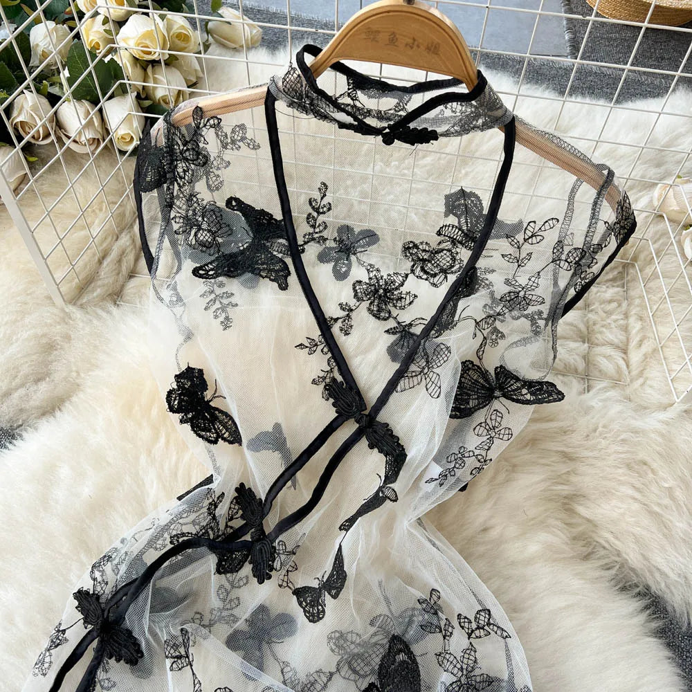 2023 Embroidery Sheer Bodycon Nightdress Women Floral Slim Split Sexy Dress+Thongs Chinese Vintgae  Nightwear Wanita