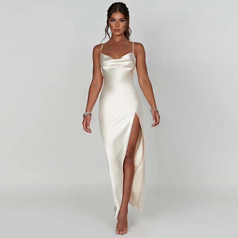 Vestido largo de satén blanco con tirantes finos, elegante vestido de fiesta para mujer, verano 2023, abertura larga, Espalda descubierta, vestidos formales para ocasiones Maxi