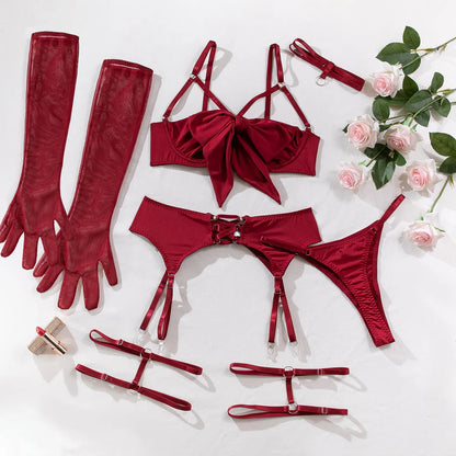 Lingerie à nœud papillon, soutien-gorge ouvert, sous-vêtements en soie, gants Bilizna, ensemble sensuel, intime, jarretelles, tongs, tenues Sexy