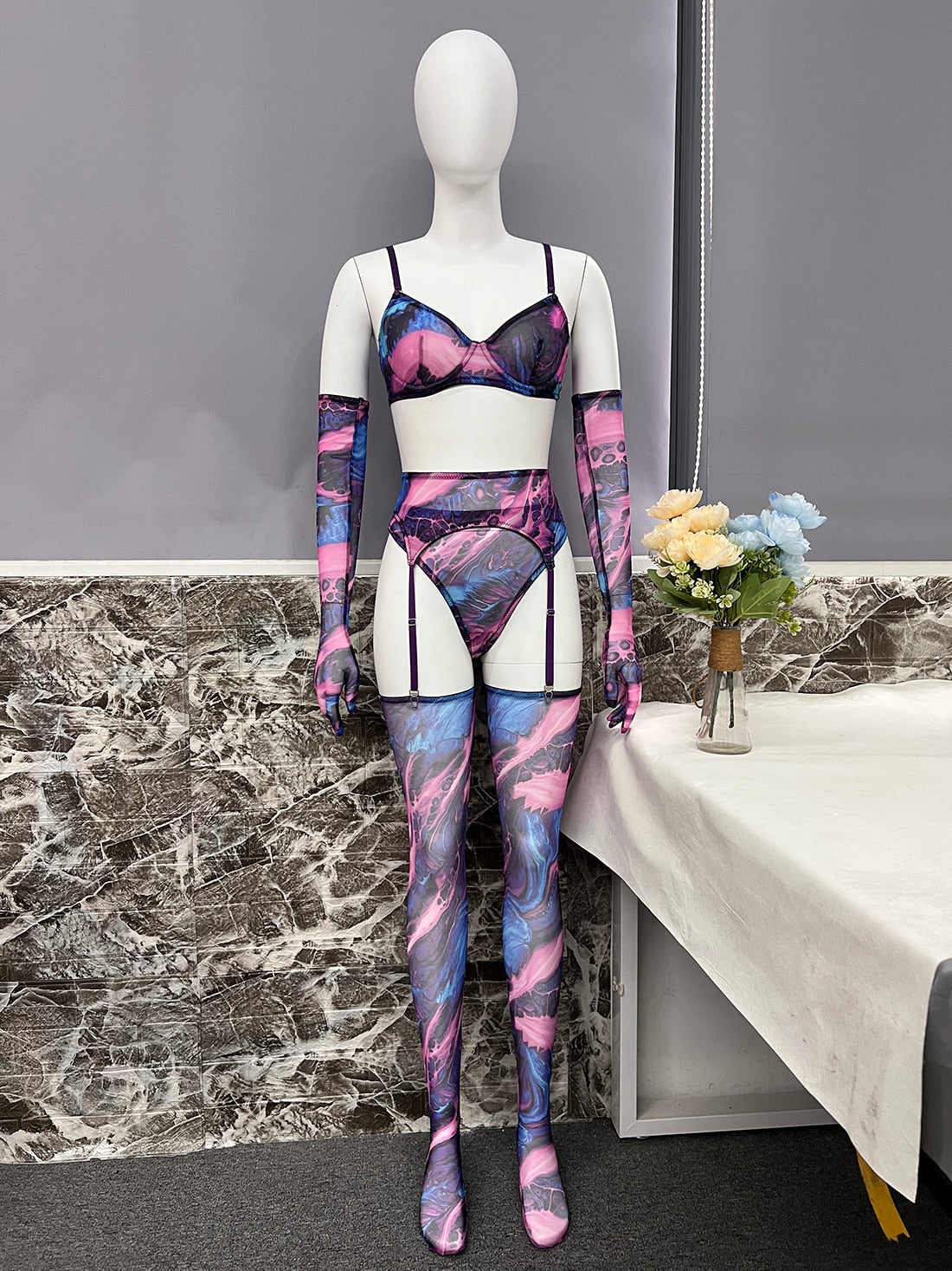 Lingerie teinture par nouage avec manches de bas, sous-vêtements fantaisie Sexy, 5 pièces, non censurée, intime, transparente, en maille, tenues sensuelles