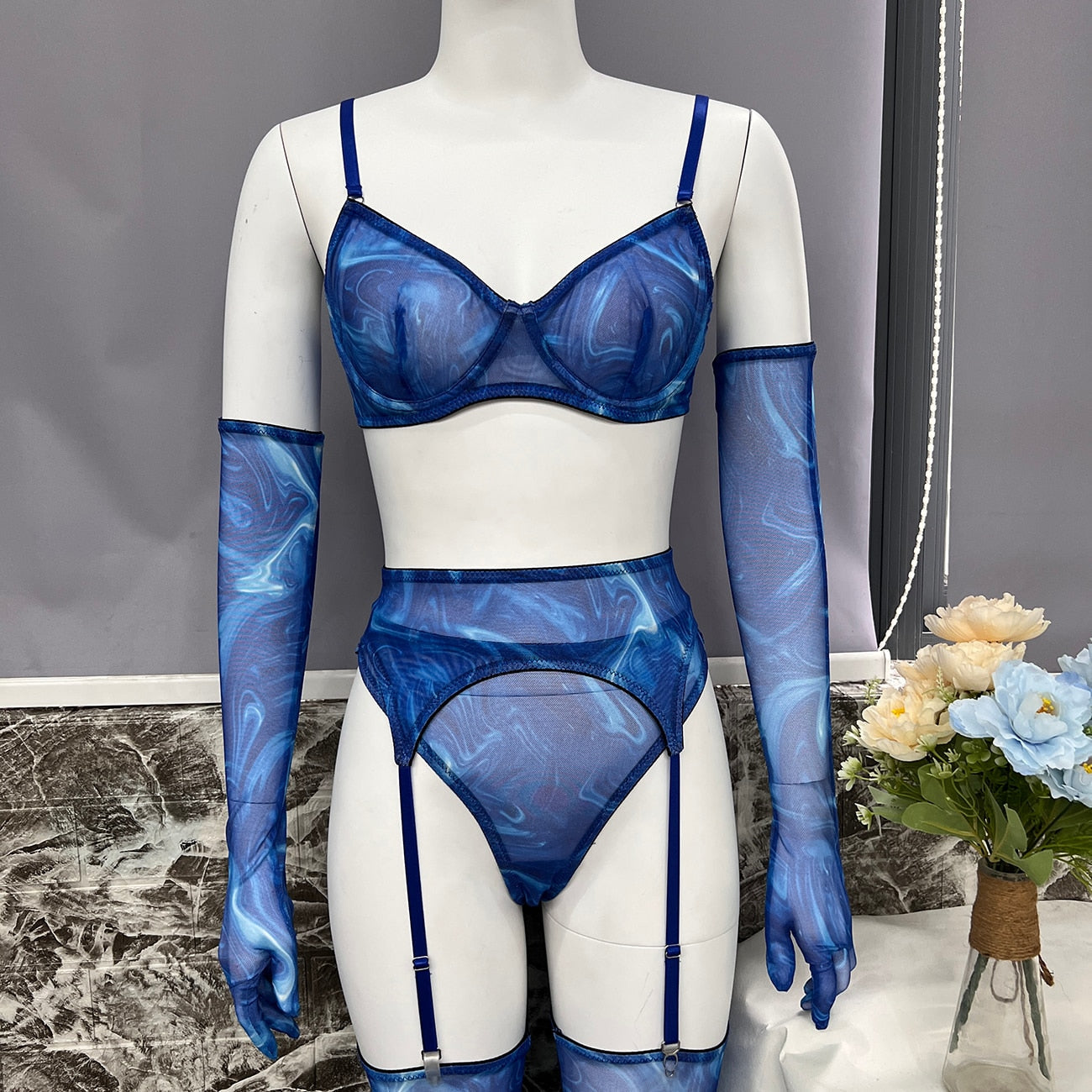 Lingerie teinture par nouage avec manches de bas, sous-vêtements fantaisie Sexy, 5 pièces, non censurée, intime, transparente, en maille, tenues sensuelles