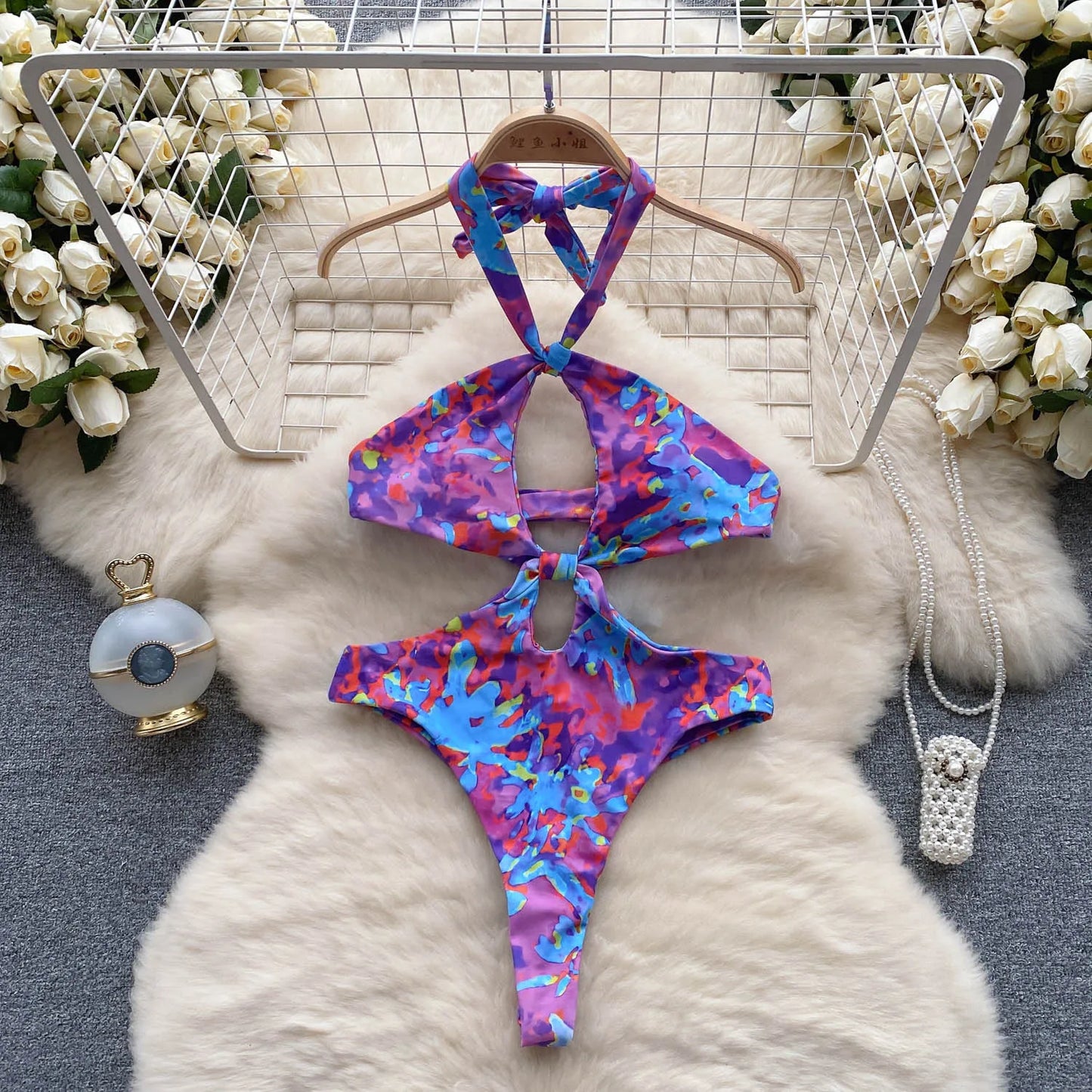 2023 Fashion Print Sexy Bodysuits Ladies Halter Kink Backless Design Slim Playsuit Women Hollow Out Swimsuits Wanita