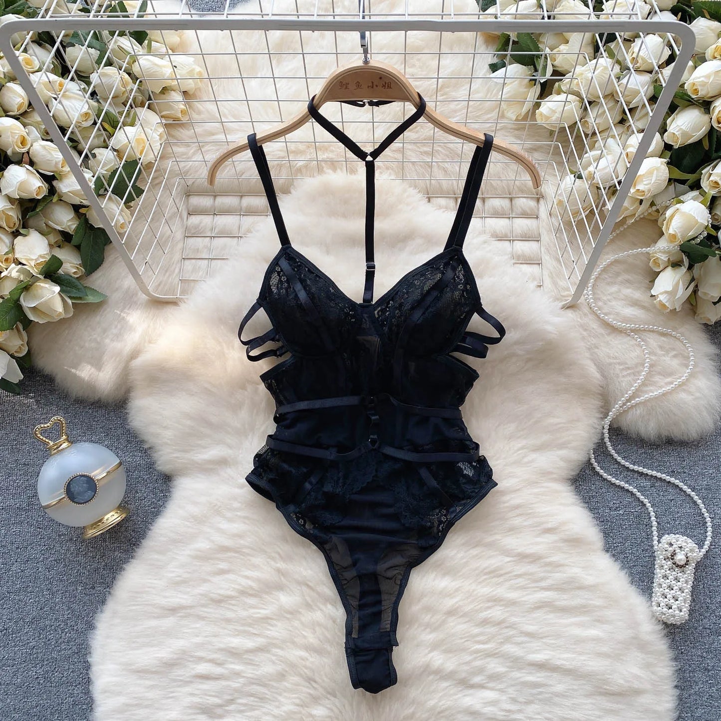 Women Sensual Hollow Out Playsuits Female Halter Strap Transparent Thin Slim Jumpsuits 2023 Mesh Lace Sexy Bodysuits Wanita