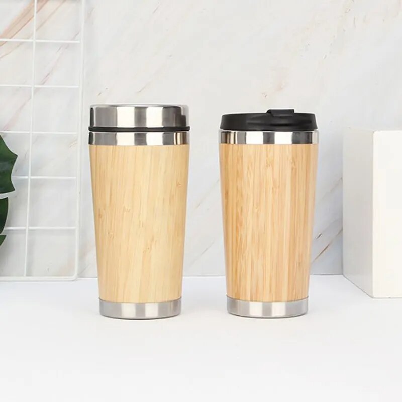 450ml Bamboo Coffee Cup Stainless Steel Thermos Water Bottle Flip Lid Eco-Friendly Travel Cup Portable For Retirement Gift