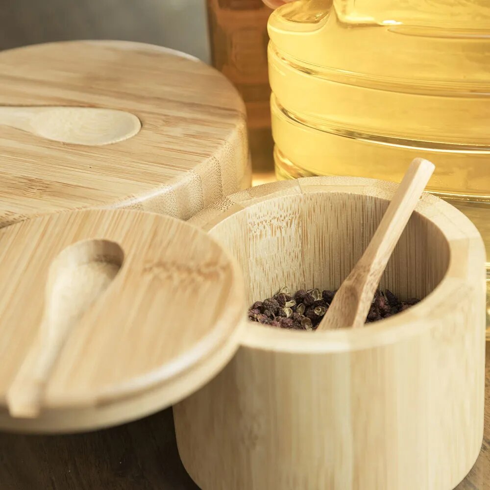 Bamboo Salt Container Spoon Seasoning Jar With Swivel Magnetic Closure Lid to Keep Dry To Storage Pepper Spice Cellar Holder