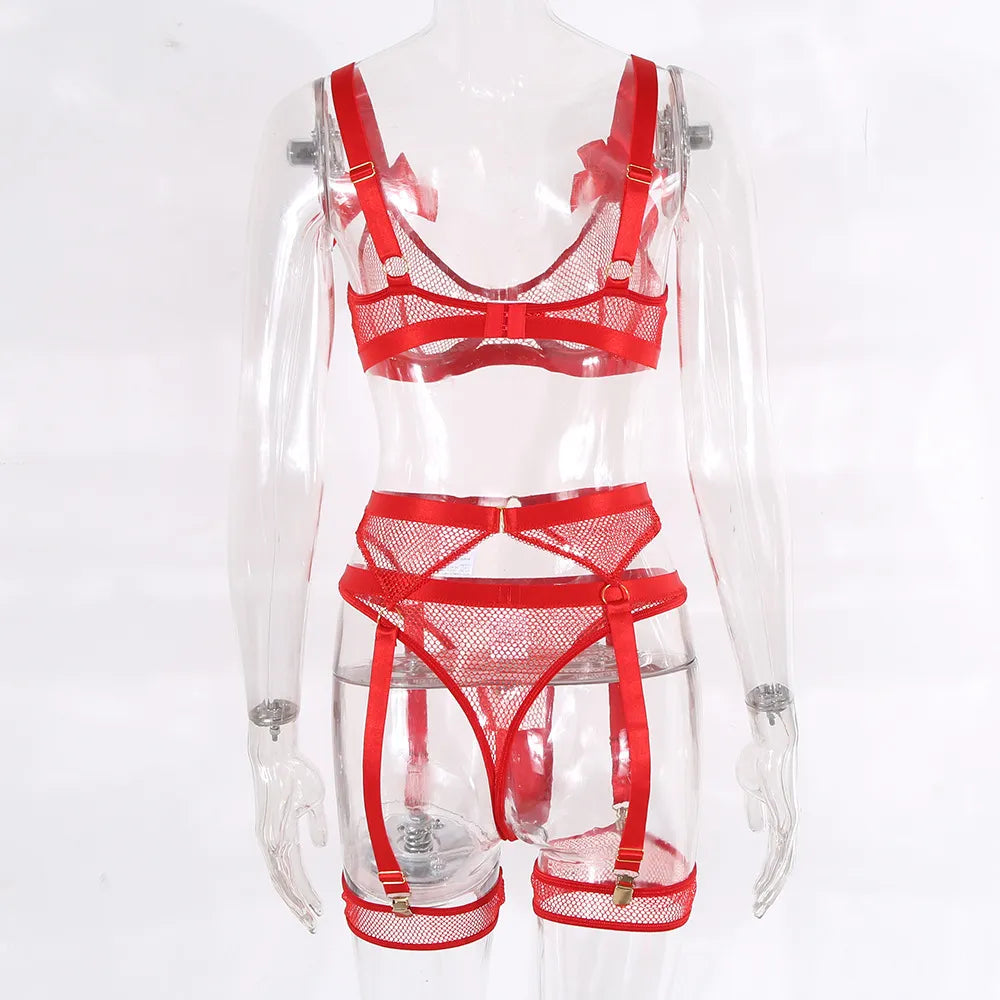 Lingerie Sexy néon avec chaussettes, sous-vêtements transparents en dentelle avec nœud papillon, maille transparente, ensembles transparents, 5 pièces