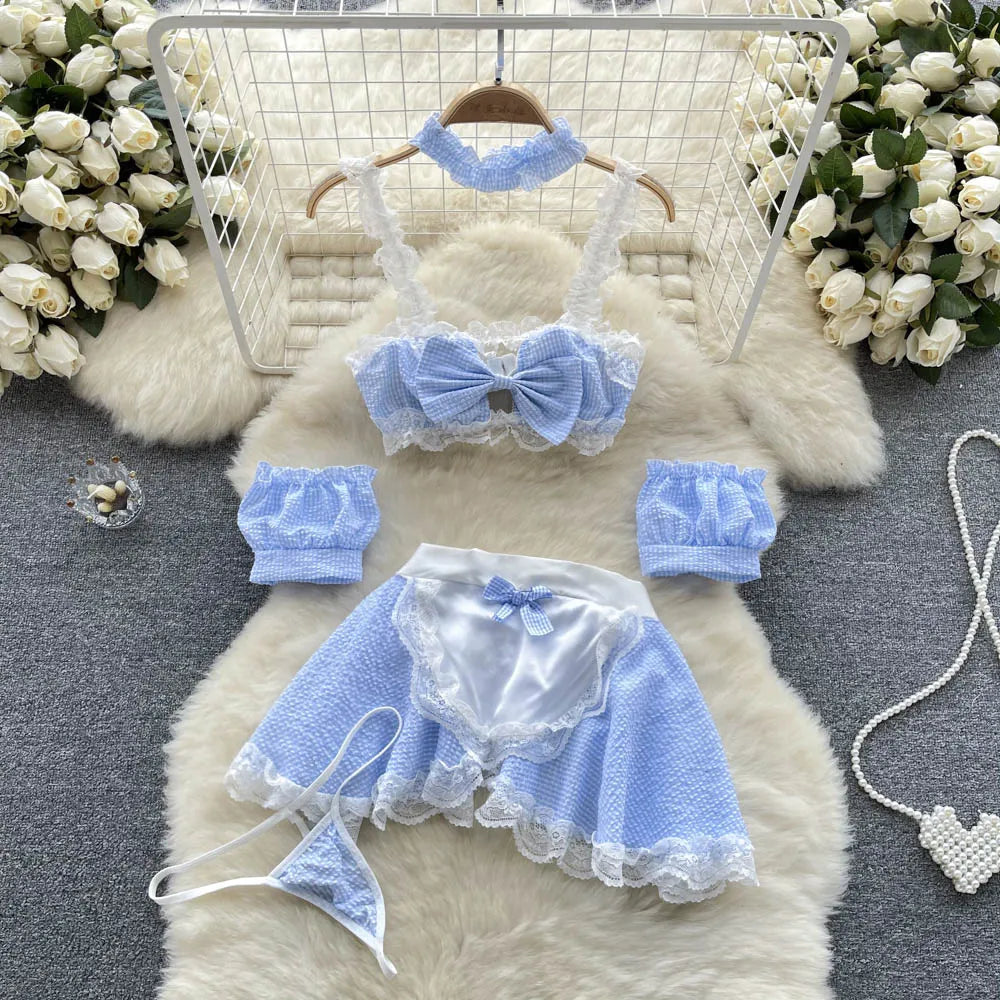 Maidservant Apron Dress Ladies Lace Sweet  Three Pieces Sets Fashion Korean Style Plaid Cosplay Sexy Night Suits Wanita