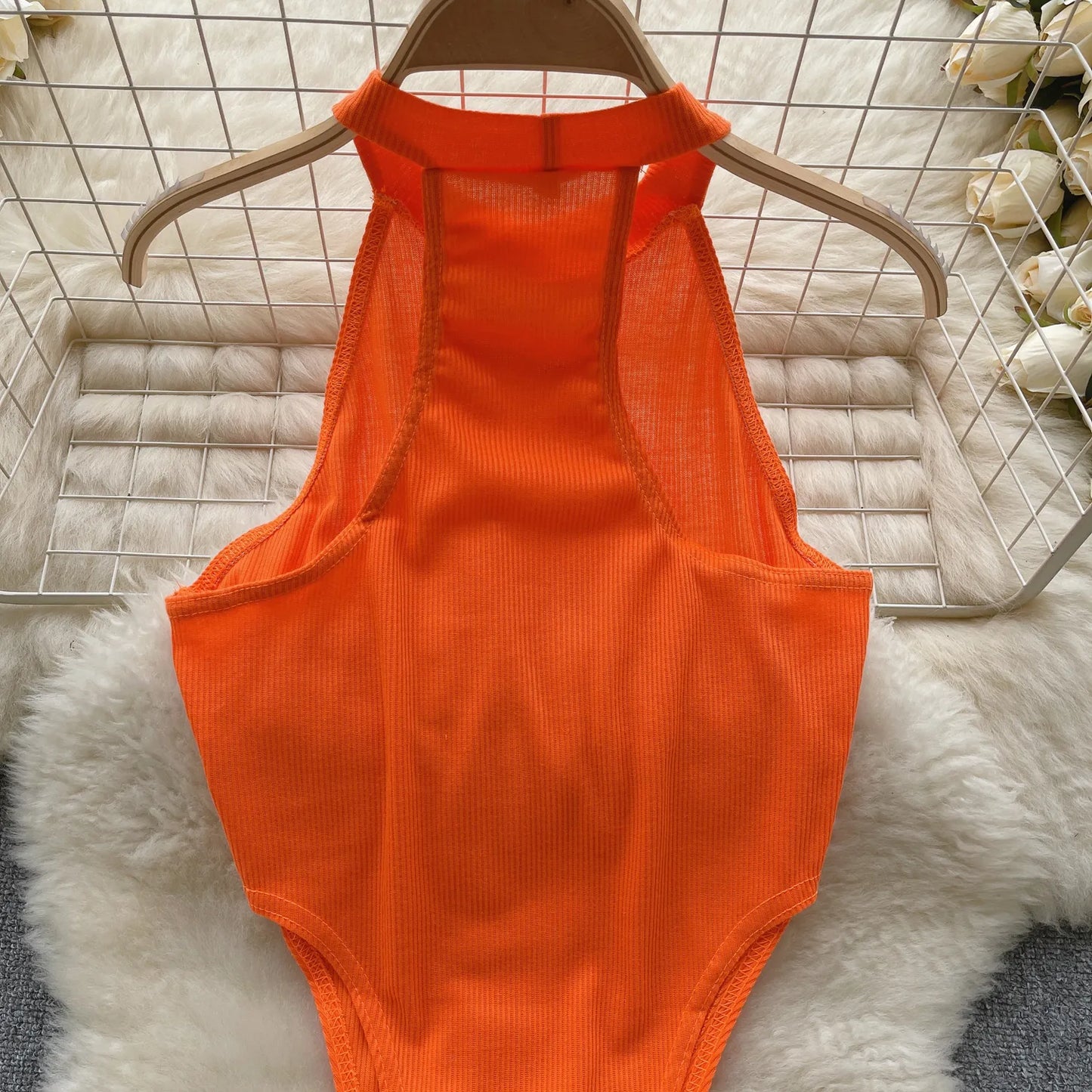 Wanita Halter Open Crotch Sexy Bodysuits Female Sleeveless Slim Backless  Bikini French Solid Thin Slim Beach Playsuits