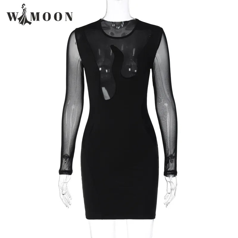 Long Sleeve Mesh Patchwork Bodycon Mini Dress Women Party Club Tight Short Dresses 2023 Autumn Female Clothing Streetwear Black