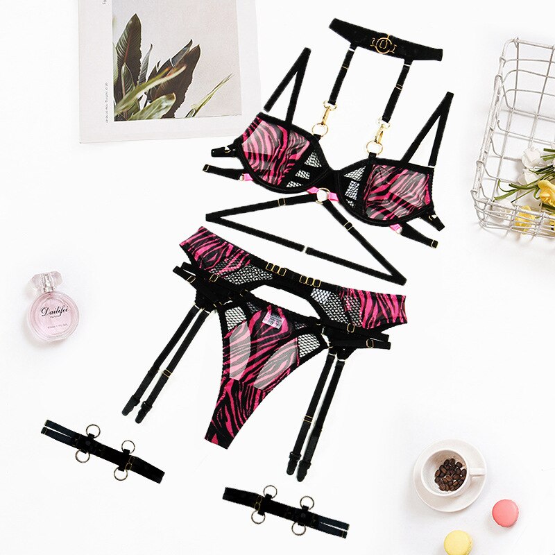 Zèbre Lingerie fantaisie sous-vêtements en dentelle voir à travers soutien-gorge licou délicat intime luxe tenues Sexy jarretières ensembles brefs