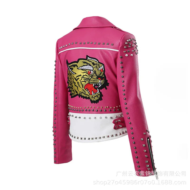 Chaquetas de cuero rosa de primavera y otoño para mujer, chaqueta de Moto PU de cuero sintético con bordado de tigre y abrigo con remaches