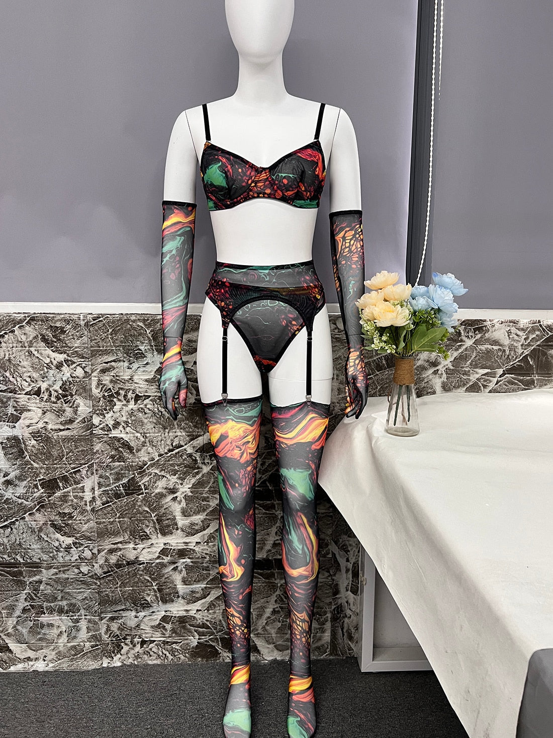 Lingerie teinture par nouage avec manches de bas, sous-vêtements fantaisie Sexy, 5 pièces, non censurée, intime, transparente, en maille, tenues sensuelles