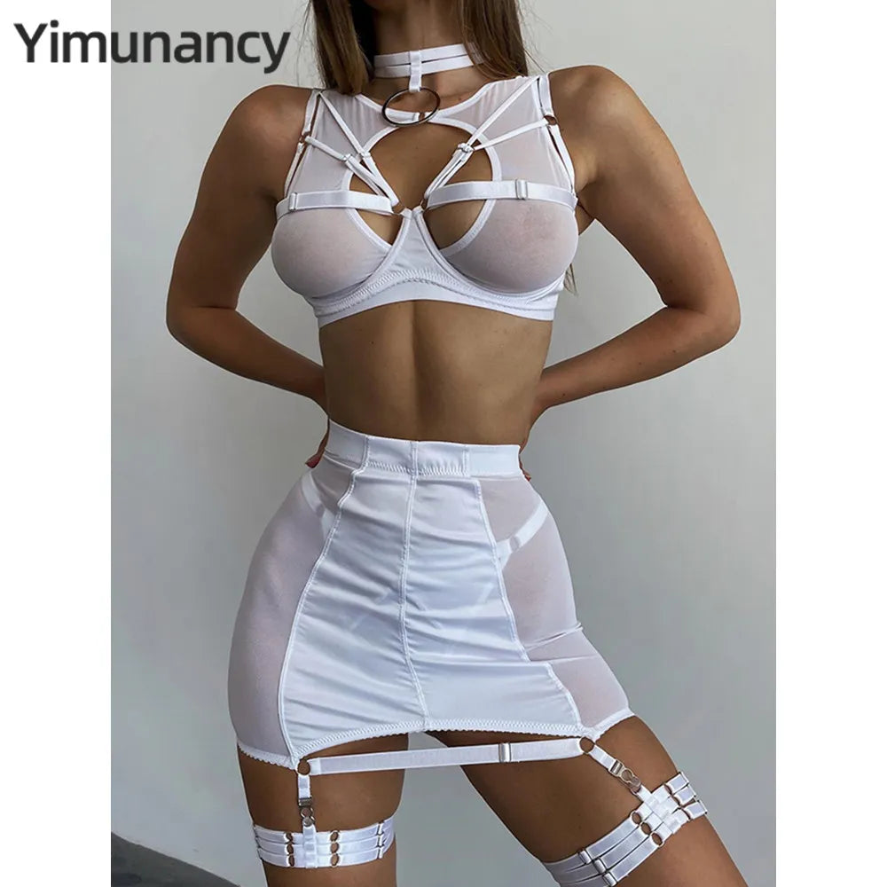 Yimunancy Conjunto de lencería de malla de 5 piezas Conjunto de ropa interior con gargantilla negra / roja Conjunto de ropa de dormir sexy gótica 