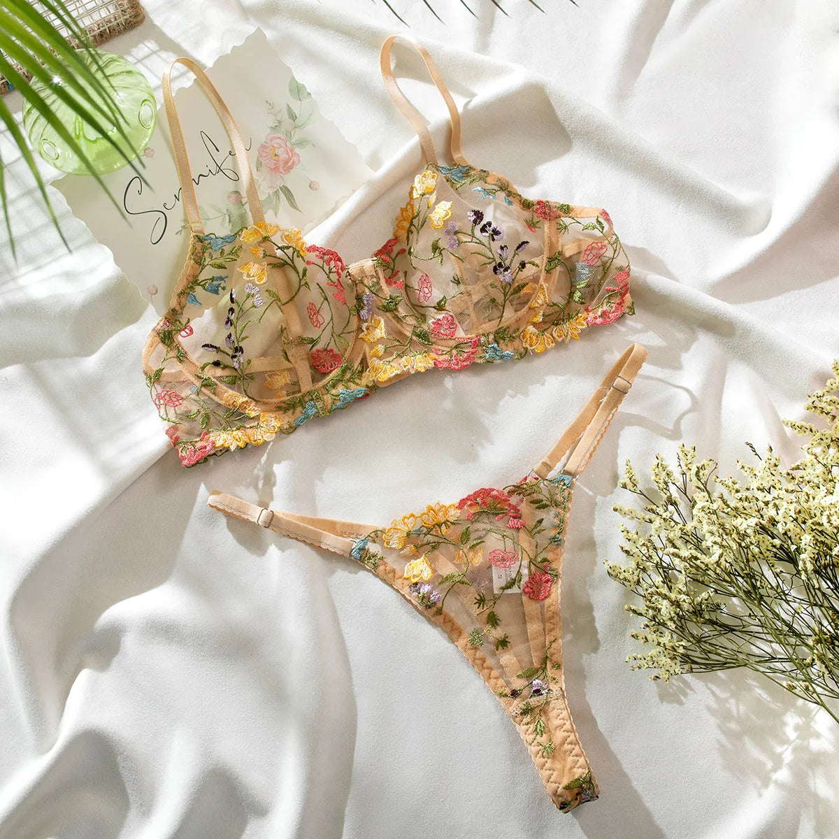 Yimunancy 2-Piece Lace Bra Set Women Floral Embroidery Underwear Set Transparent Khaki Panty Set